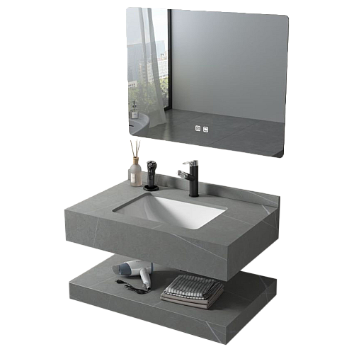 مغسلة سيراميك دورين رمادي فاتح مع مراية ليد 3 قطع مقاس 60*50 سم