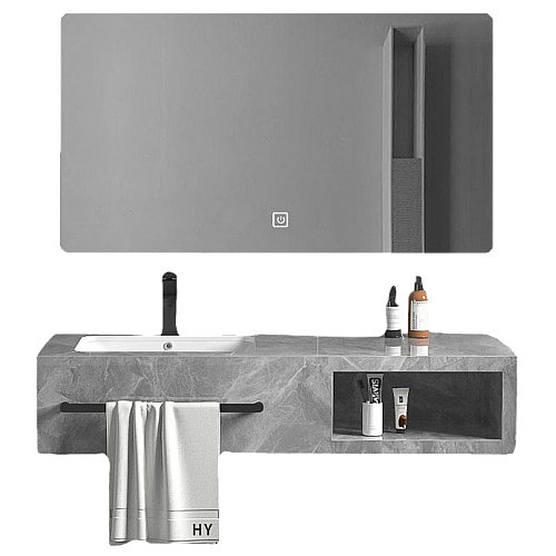 مغسلة سيراميك برف المنيوم - رمادي حجري مع مراية ليد قطعتين مقاس 100*50 سم