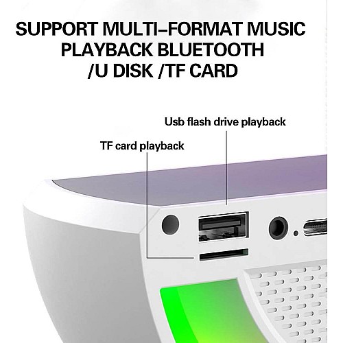 مكبر صوت بلوتوث مع شاحن لاسلكي بإضاءة ملونة، يدعم بطاقة مايكرو و ذاكرة فلاش USB لون ابيض