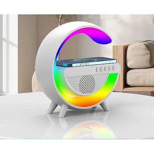 مكبر صوت بلوتوث مع شاحن لاسلكي بإضاءة ملونة، يدعم بطاقة مايكرو و ذاكرة فلاش USB لون ابيض