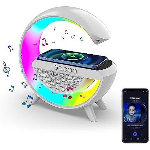 مكبر صوت بلوتوث مع شاحن لاسلكي بإضاءة ملونة، يدعم بطاقة مايكرو و ذاكرة فلاش USB لون ابيض
