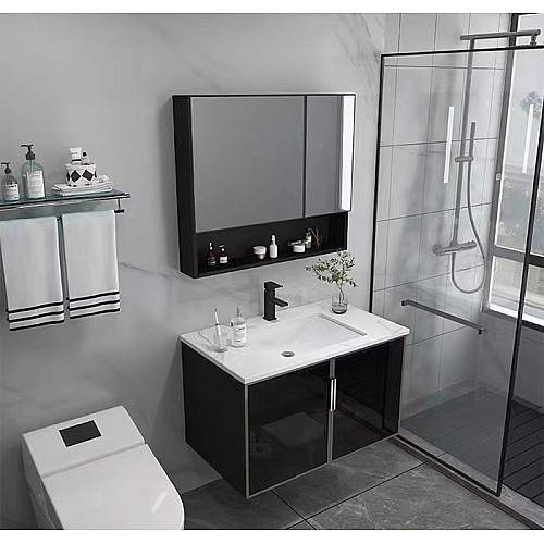 مغسلة المنيوم مع صيدلية زجاج اسود قطعتين مقاس 80 سم