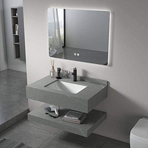 مغسلة سيراميك دورين رمادي فاتح مع مراية ليد 3 قطع مقاس 80*50 سم