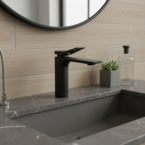 خلاط مغسلة قصير مربع بفتحه في المقبض اسود مع ليات