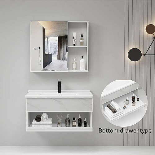 مغسلة المنيوم مع صيدليه ابيض عروق رمادي قطعتين مقاس 60 سم