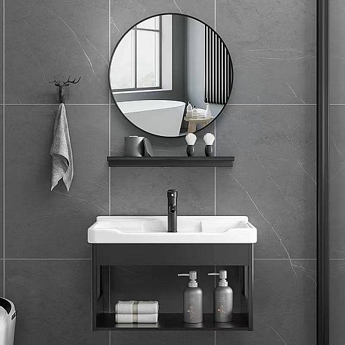  صورة منتج مغسلة المنيوم مع مراية دائري مع رف اسود مقاس 60 سم  موديل TU/C4026R/60/BK