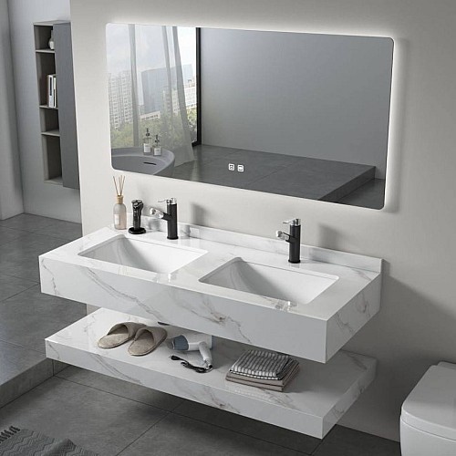 مغسلة سيراميك دورين ابيض عروق رمادي مع مراية ليد 3 قطع مقاس 120*50 سم