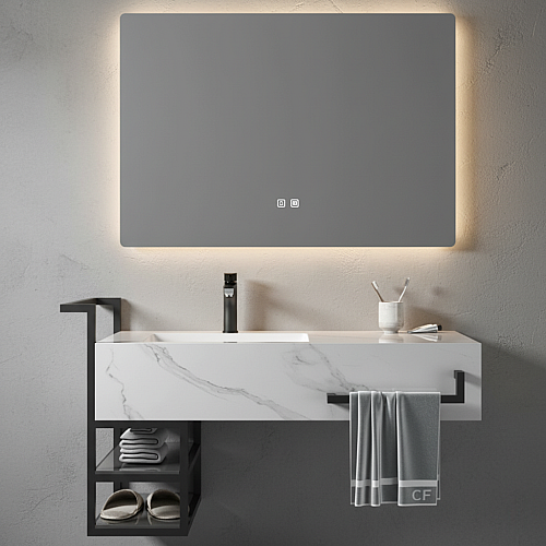 مغسلة سيراميك برفوف - ابيض عروق رمادي مع مراية ليد قطعتين مقاس 120*50 سم