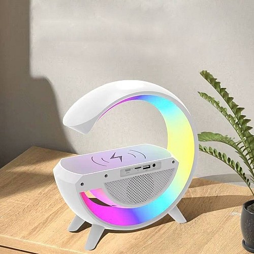 مكبر صوت بلوتوث مع شاحن لاسلكي بإضاءة ملونة، يدعم بطاقة مايكرو و ذاكرة فلاش USB لون ابيض
