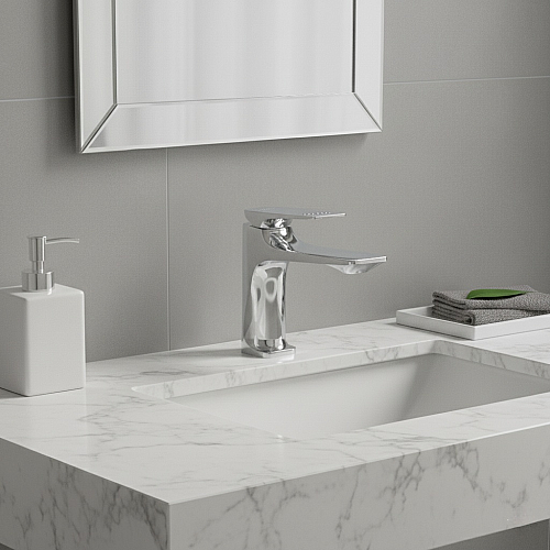 خلاط مغسلة قصير مربع بديكور معين على المقبض كروم مع ليات