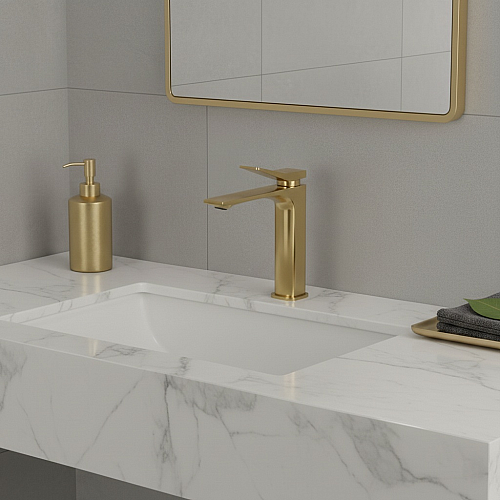خلاط مغسلة قصير مربع بفتحه في المقبض ذهبي مطفي مع ليات