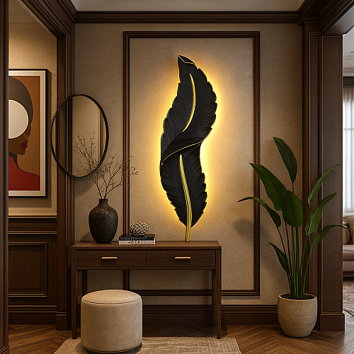 ابليك جداري ريش جداري طراز حديث اسود مقاس وسط لون الانارة اصفر طول 62 *العرض 16 سم