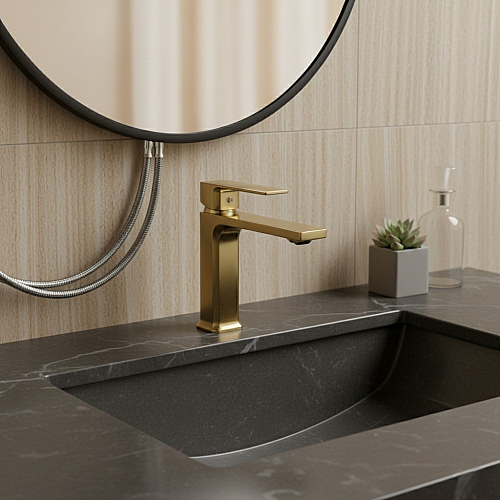 خلاط مغسلة قصير مربع ذهبي مطفي مع ليات