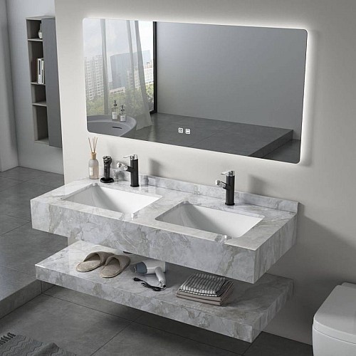 مغسلة سيراميك دروين رمادي حجري مع مراية ليد 3 قطع مقاس 120*50 سم