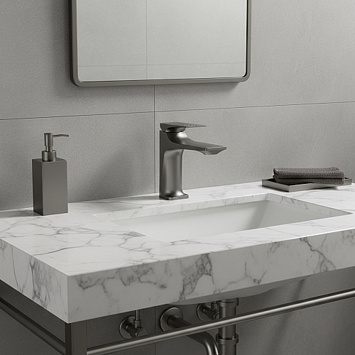 خلاط مغسلة قصير مربع بديكور معين على المقبض رمادي مع ليات