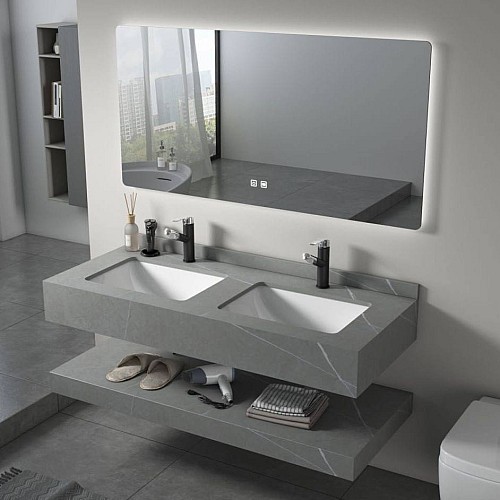 مغسلة سيراميك دورين رمادي فاتح مع مراية ليد 3 قطع مقاس 120*50 سم