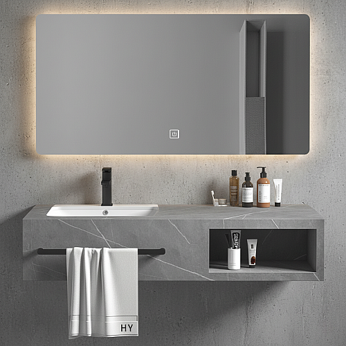 مغسلة سيراميك برف المنيوم - رمادي فاتح مع مراية ليد قطعتين مقاس 100*50 سم