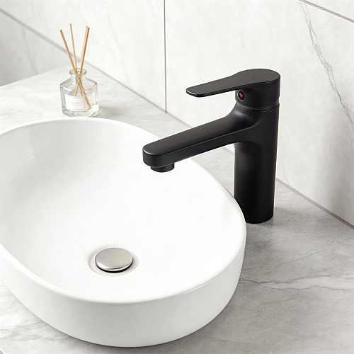 خلاط مغسلة قصير بيضاوي اسود مع ليات و هراب