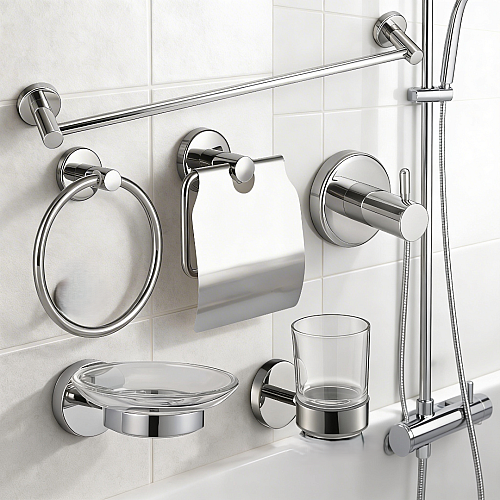 طقم إكسسوارات حمام دائري ستانلس ستيل 304 كروم - 6 قطع