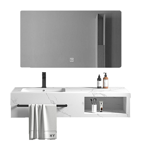 مغسلة سيراميك برف - ابيض عروق رمادي مع مراية ليد قطعتين مقاس 100*50 سم