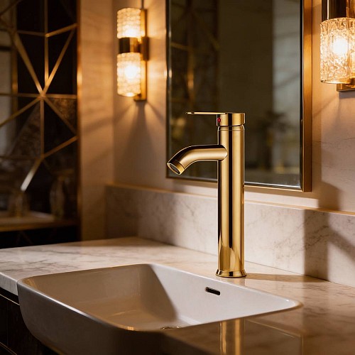 خلاط مغسلة طويل دائري ذهبي مطفي مع ليات