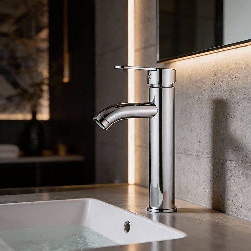 خلاط مغسلة طويل دائري رمادي مع ليات