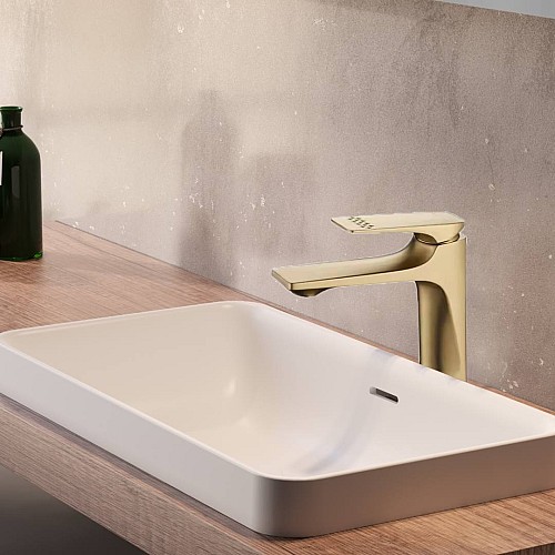 خلاط مغسلة قصير مربع بديكور معين على المقبض ذهبي مطفي مع ليات