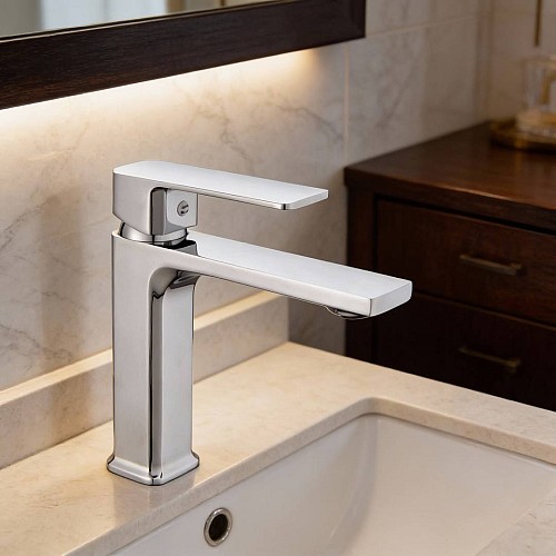 خلاط مغسلة قصير مربع كروم مع ليات