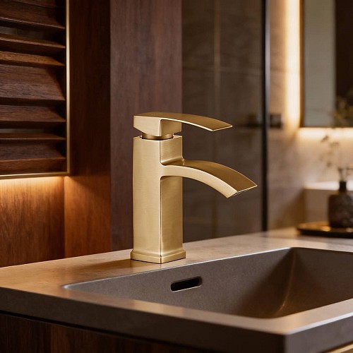 خلاط مغسلة قصير شلال ذهبي مطفي مع ليات
