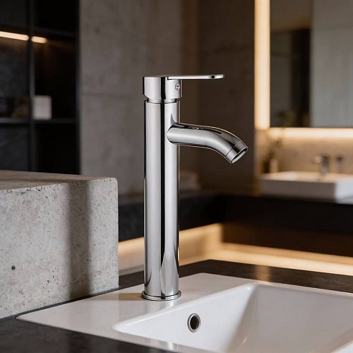 خلاط مغسلة طويل دائري كروم مع ليات