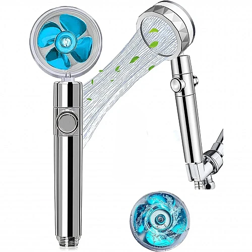 رأس دش توربيني فضي مع مروحة زرقاء لزيادة ضغط المياه