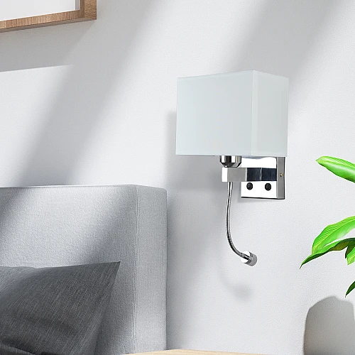 ابليك حائط جداري مودرن فضي لمبة موجهة للقراءة لون الانارة اصفر و قاعدة لمبة تركيب رئيسية E27*1L