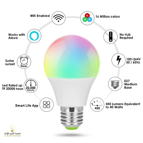 اللمبة الذكيه تحكم عن طريق الجوال عن بعد عبر التطبيق متعددة الألوان 9 واط E27 | LED Smart Bulb اللمبة الذكيه تحكم عن طريق الجوال عن بعد عبر التطبيق متعددة الألوان 9 واط E27 | LED Smart Bulb