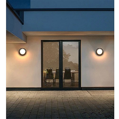  منتج إنارة جدارية خارجية كشاف بوابة بتصميم دائرة بإضاءة هادئة ومريحه لون الإنارة اصفر 12 واط-9357/12W/BK+WW