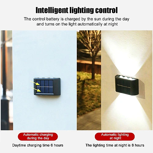 إضاءة جدارية لون الانارة اصفر تعمل بالطاقة الشمسية مقاومة للعوامل الخارجية مع مستشعر ضوء خارجي يثبت على الحائط للمنزل والحديقة والشرفة
