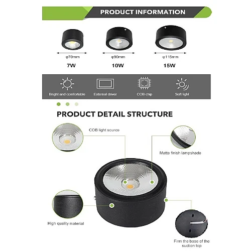 اضاءة سقف اسود كشاف سلندر 9 سم 10 واط إنارة سقف بيضاء واضاءة مريحة للعين