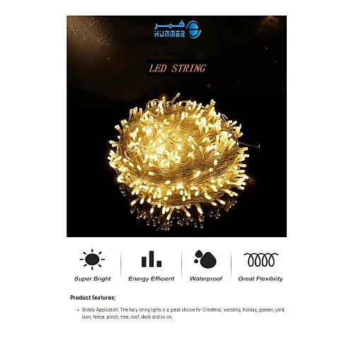 سلسلة عقد اضاءة طولية طول 100 متر لون الانارة اصفر تعمل بالكهرباء