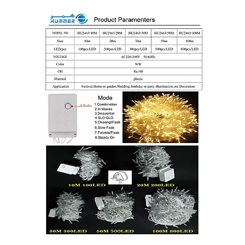 سلسلة عقد اضاءة طولية طول 30 متر لون الانارة اصفر تعمل بالكهرباء