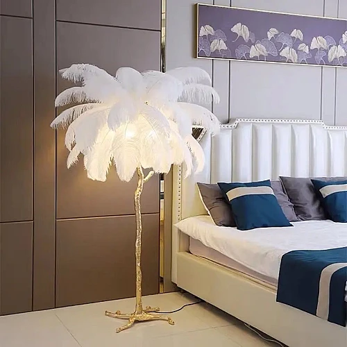  منتج مصباح ارضي عصري انيق من ريش النعام أبيض لغرفة المعيشة وغرفة النوم قطر 1200 ملم-F/C5910/1200WH