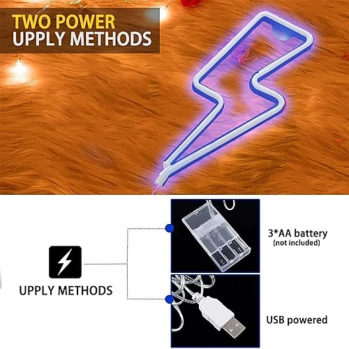مصباح اضاءة ليد نيون على شكل صاعقة مضيئة للديكور، ازرق تعمل بالبطارية و USB