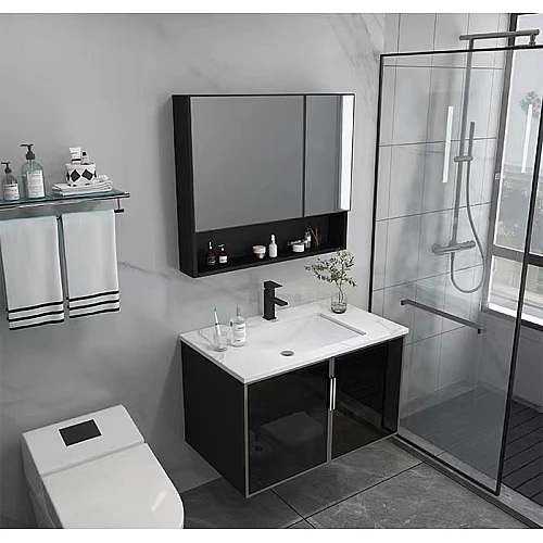 مغسلة مع صيدلية المنيوم مع زجاج اسود قطعتين مقاس 60 سم