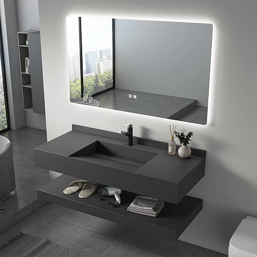 مغسلة سيراميك شلال دورين اسود مطفي مع مراية ليد 3 قطع مقاس 120*50 سم