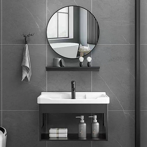 مغسلة المنيوم مع مراية دائري مع رف اسود مقاس 60 سم (تُضاف رسوم الأوزان الثقيلة)