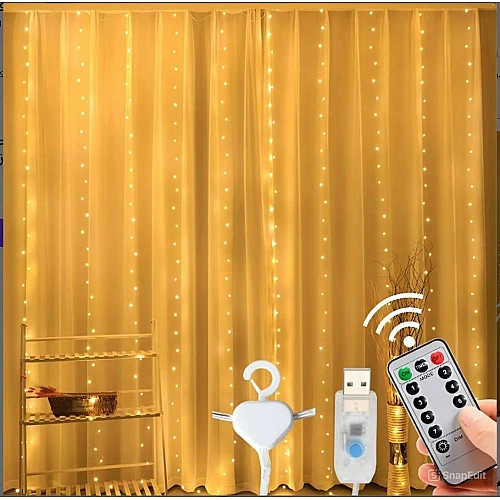 سلسلة مصابيح ستارة عقود 8 اوضاع اضاءة وغرف النوم و الاماكن الخارجية لون الاضاءة اصفر 2 × 3 متر مع ريموت تحكم تعمل عبر مدخل USB