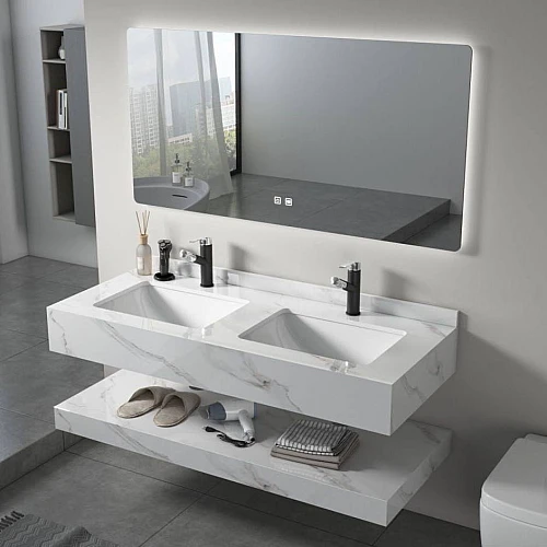 مغسلة سيراميك دورين 50*150سم ابيض عروق رمادي مراية ليد 3 قطع (هذا المنتج متاح داخل مدينة جدة فقط)