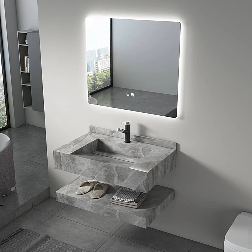 مغسلة سيراميك شلال دورين رمادي حجري مع مراية ليد 3 قطع مقاس 80*50 سم