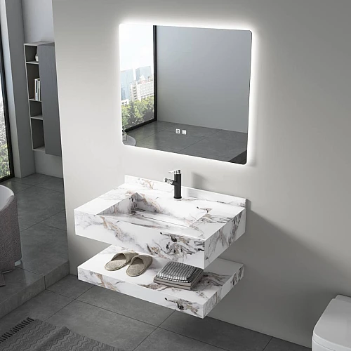 مغسلة سيراميك شلال دورين ابيض عروق رمادي بني مع مراية ليد 3 قطع مقاس 80*50 سم