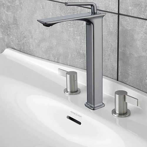 خلاط مغسلة طويل مربع راس مدور رمادي مع ليات