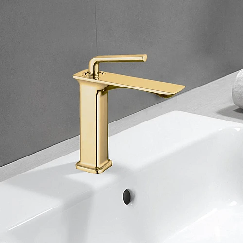 خلاط مغسلة قصير مربع راس مدور ذهبي مطفي مع ليات