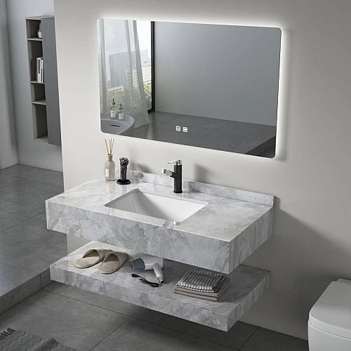 مغسلة سيراميك دروين رمادي حجري مع مراية ليد 3 قطع مقاس 100*50 سم